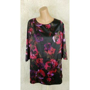 Dennis By Dennis Basso Womens XS Silky Mini Dress Black Pink Floral 3/4 Sleeve Q
